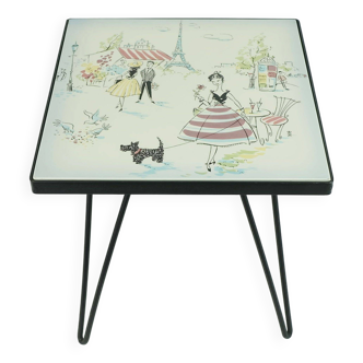 Plant stand with ceramic tile top paris motif metal frame hairpin legs 50s