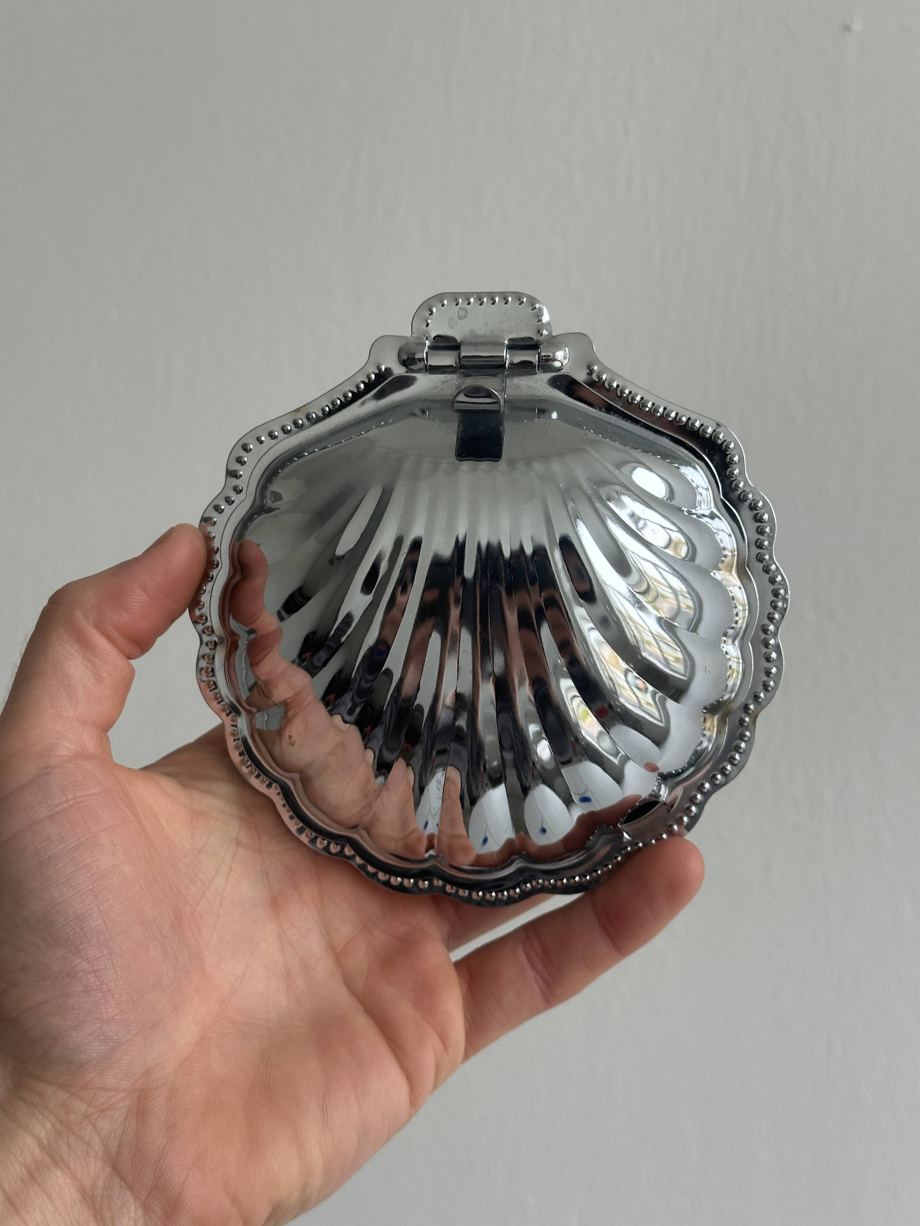 Antique shell butter dish in silver metal and blue glass