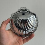 Antique shell butter dish in silver metal and blue glass