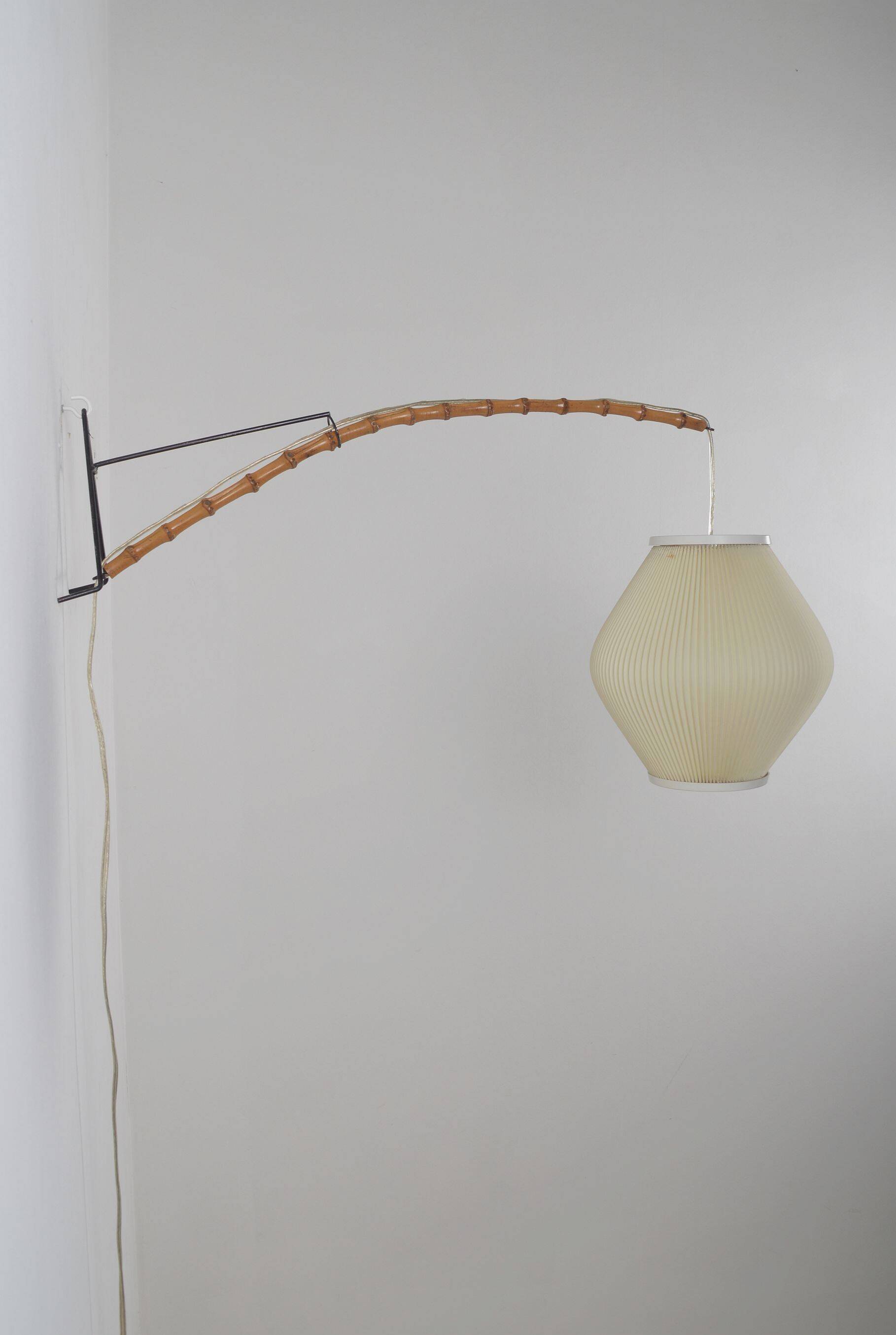 Danish wall lamp with wooden arch and pearl shade lampshade, 1960s