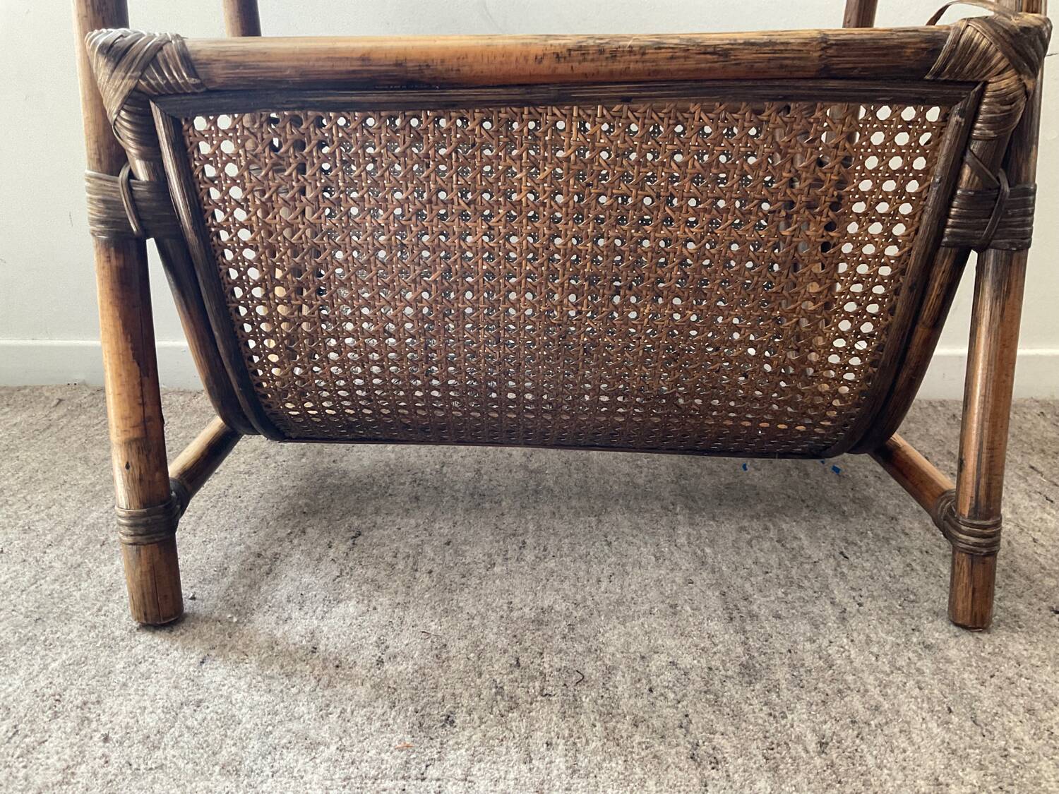 Vintage rattan side table with magazine holder