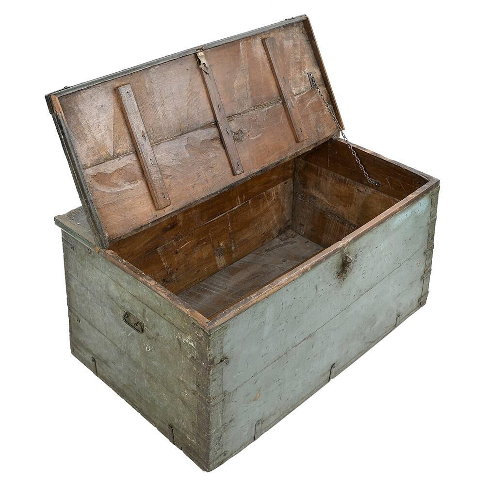 Coffre de rangement en bois à patine bleue