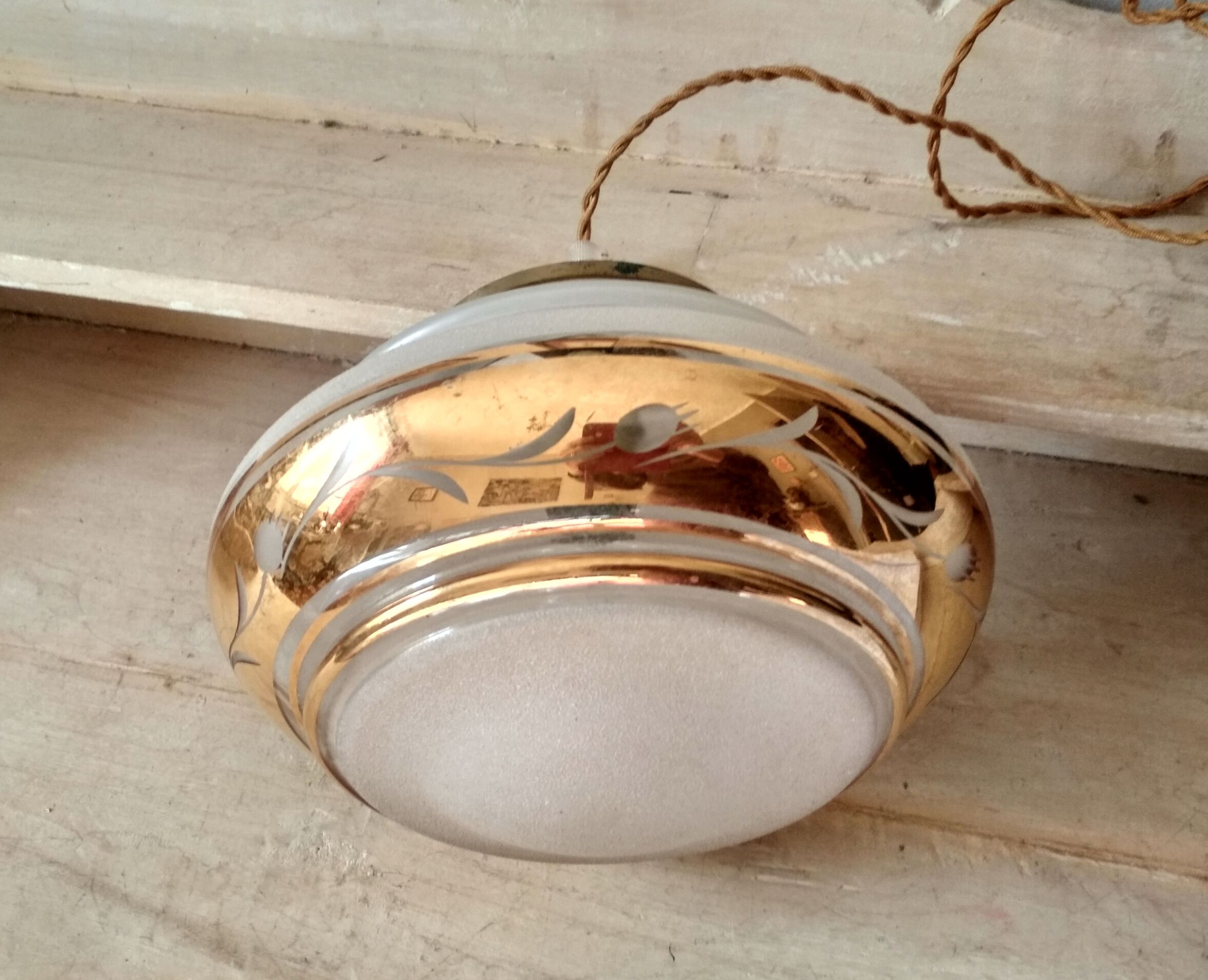 White and gold opaline globe hanging lamp 1950