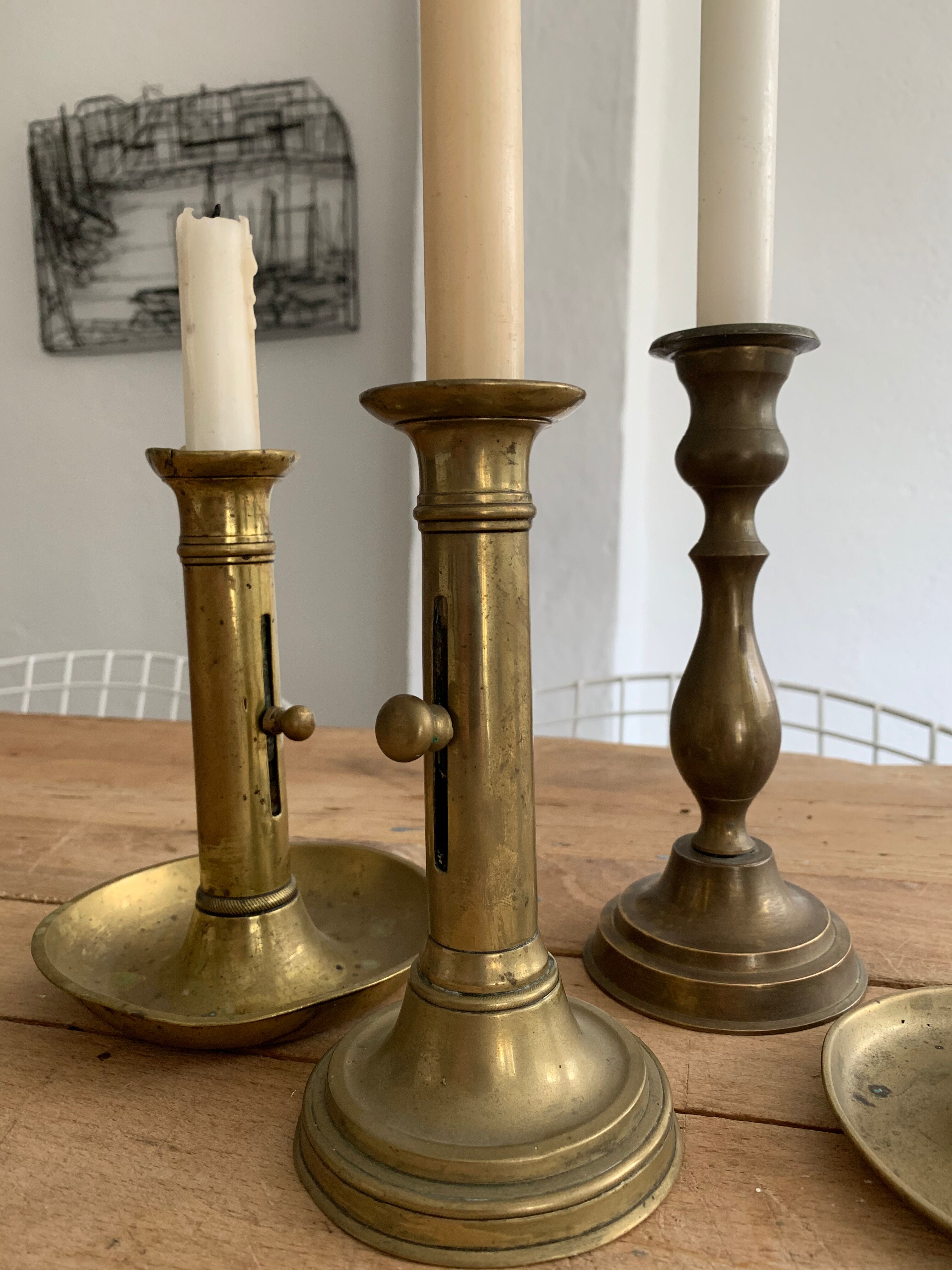 Set 4 vintage brass candlesticks patinated