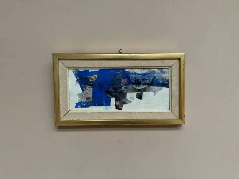 Original Swedish Oil on Panel – "Blue Composition" by Gunnar Nordström – Signed – Vintage and Framed – 24.5 × 18.5 cm (9.6 in × 7.3 in)