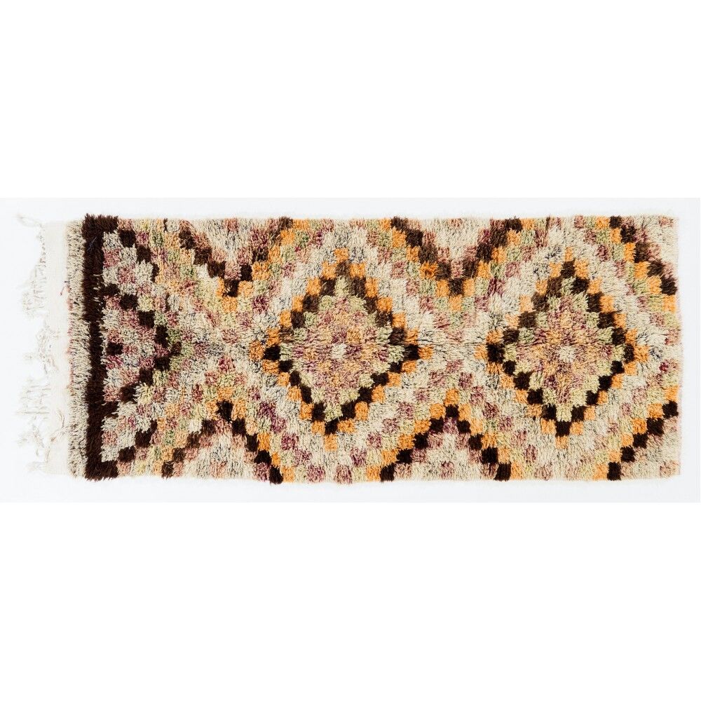 Vintage Hand-Knotted Tulu Runner Rug with Geometric Diamond Design in Cream, Brown and Orange, 100% Wool