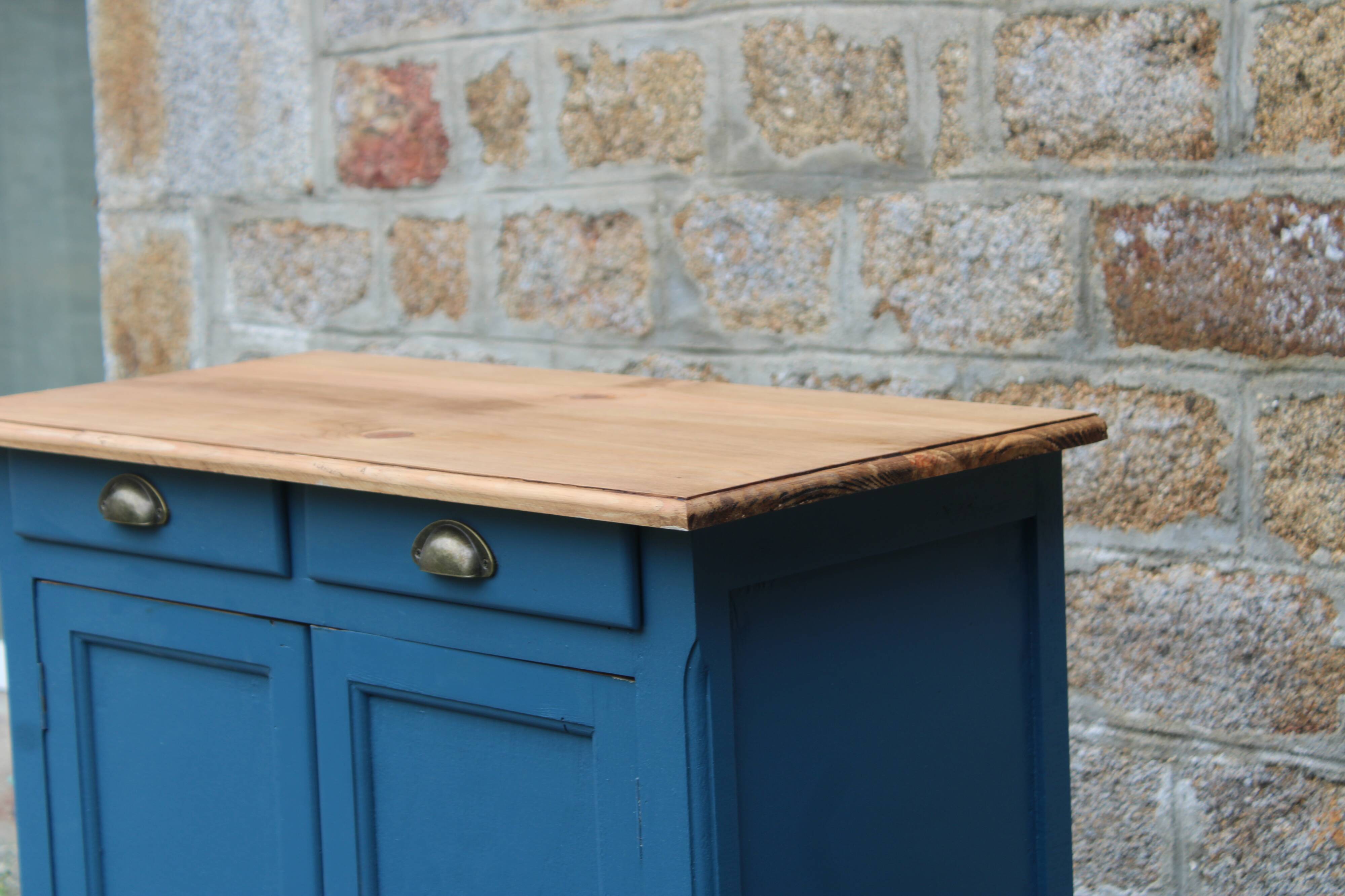 Vintage deep blue Parisian sideboard & natural wood top