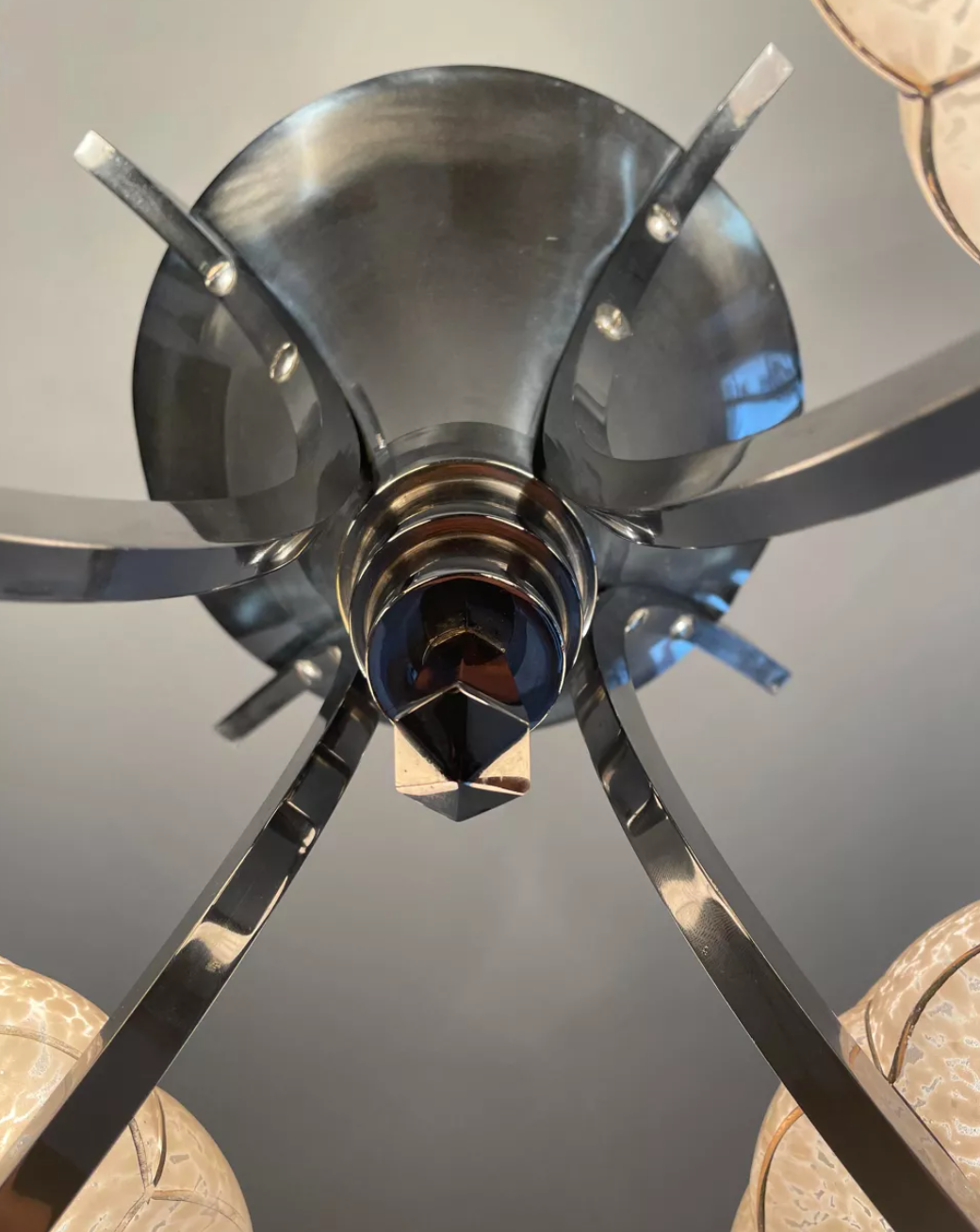 Vintage art deco chandelier, chrome and pink glass, vintage 1930