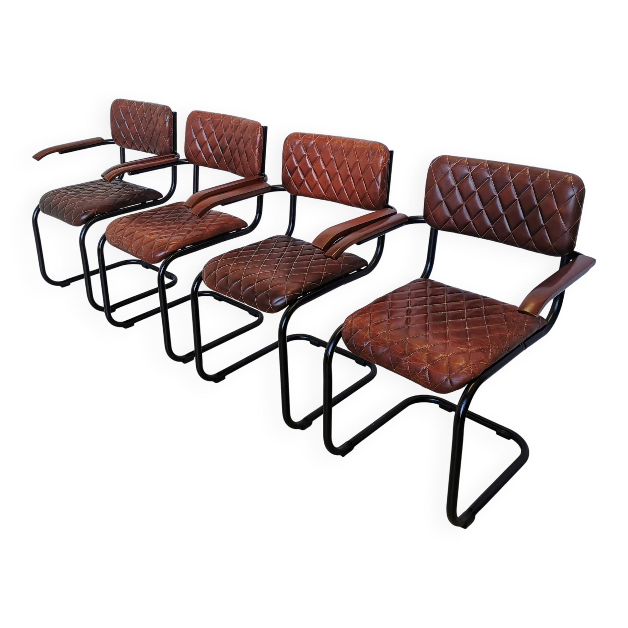 Set of 4 Vintage Quilted Leather Dining Chairs: Black Metal Base