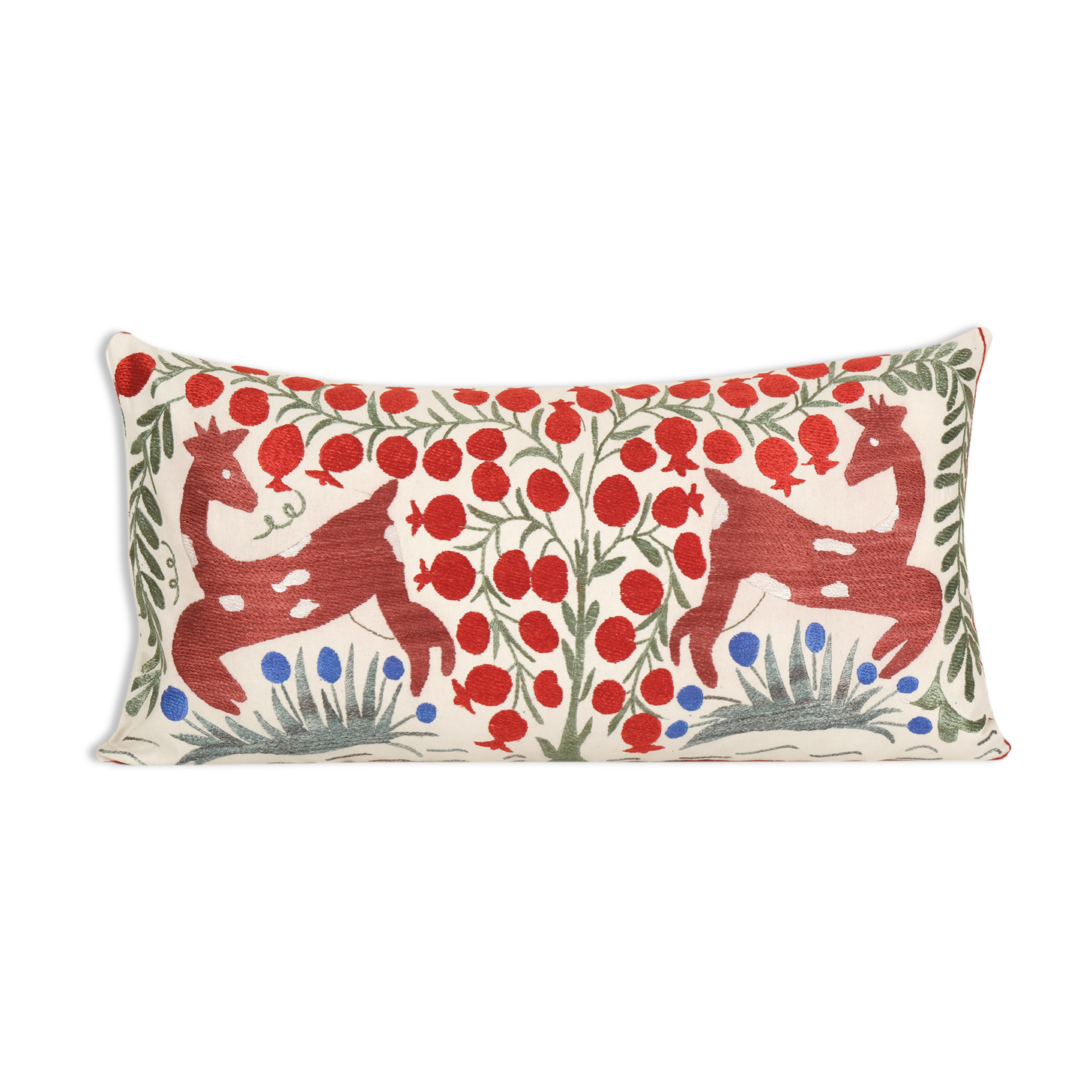 Suzani Animal Bedding Pillow Cover, Ethnic Uzbek Deer and Floral Motifs Cushion Cover, Handmade