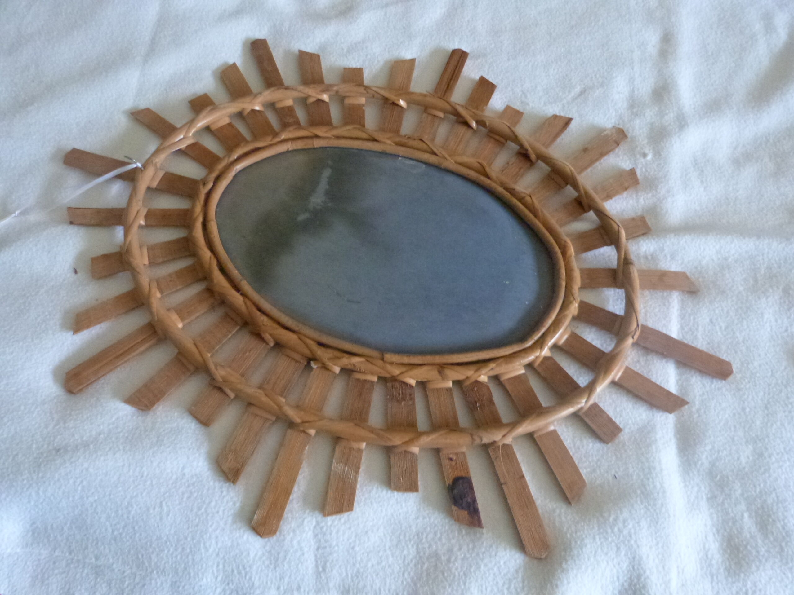 Large oval wall mirror bamboo rattan wicker vintage 56x68cm