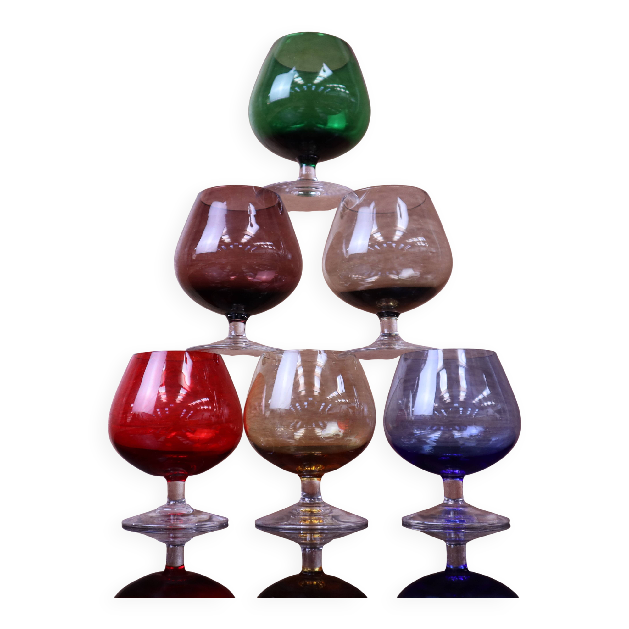 6 vintage coloured cognac glasses