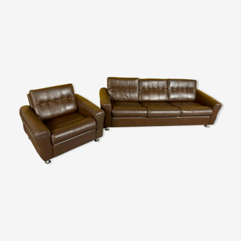 Danish brown leather three seater sofa and armchair
