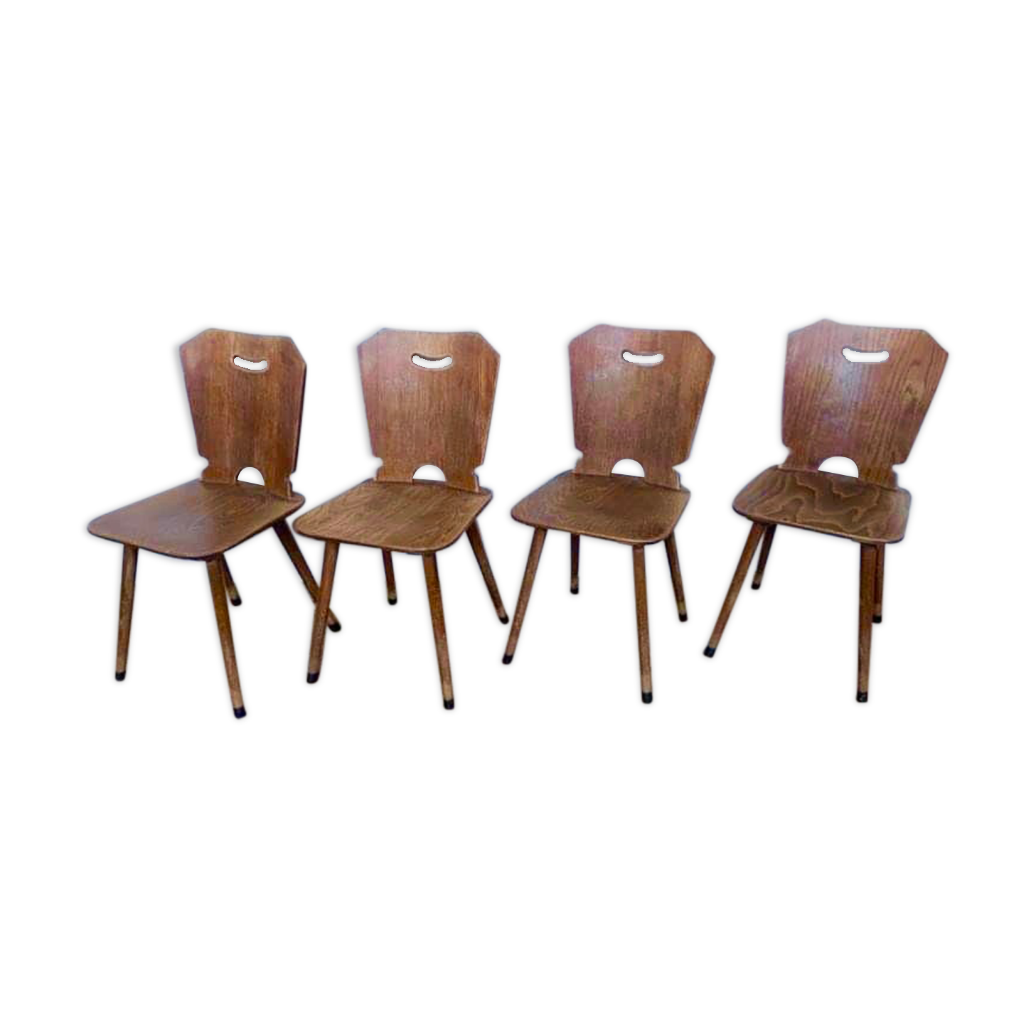 Series of 4 vintage rustic bistro chairs in thermoformed wood