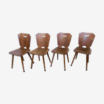 Series of 4 vintage rustic bistro chairs in thermoformed wood