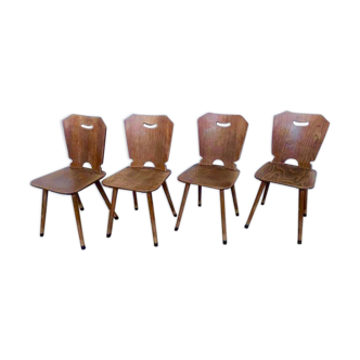 Series of 4 vintage rustic bistro chairs in thermoformed wood