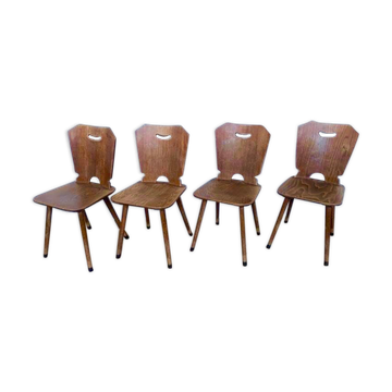 Series of 4 vintage rustic bistro chairs in thermoformed wood