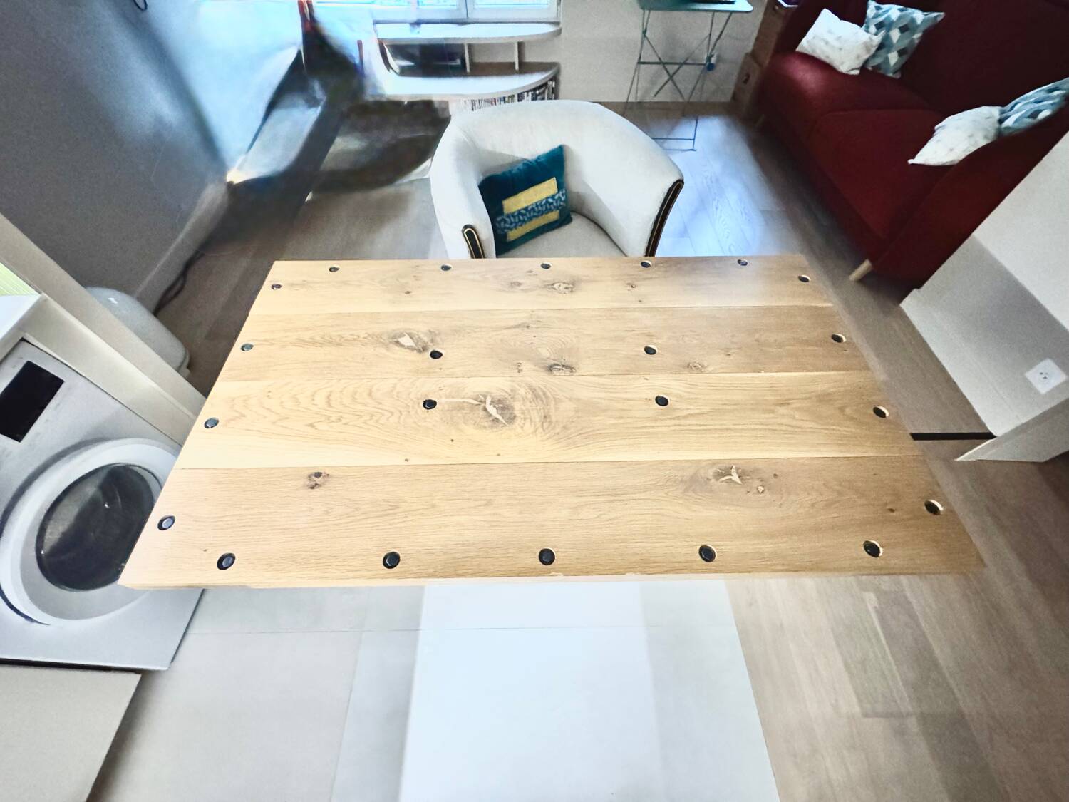 Solid oak dining table and cast iron.