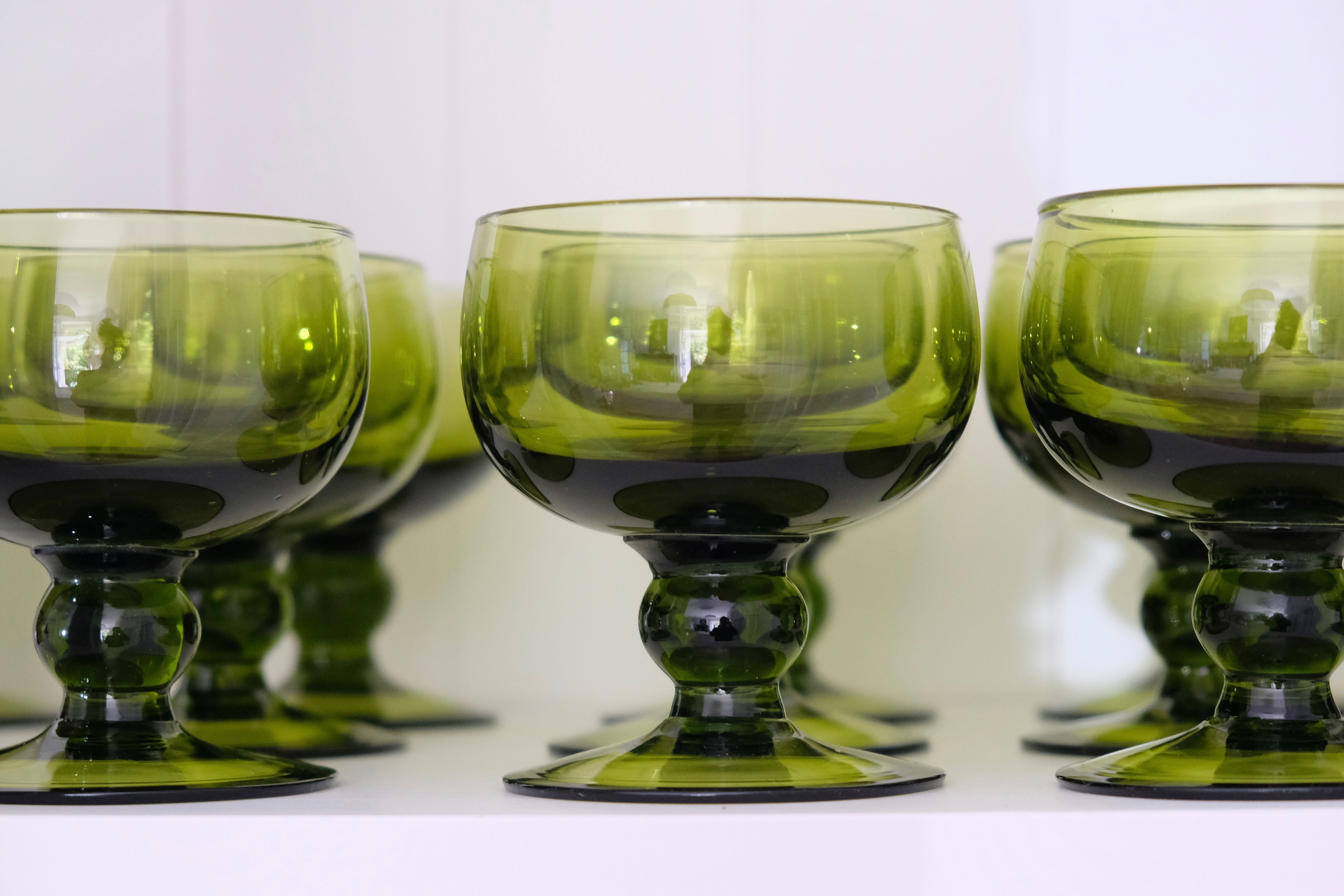 Set of 12 olive green wine glasses, mouth soufflé from the 50s