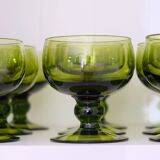Set of 12 olive green wine glasses, mouth soufflé from the 50s