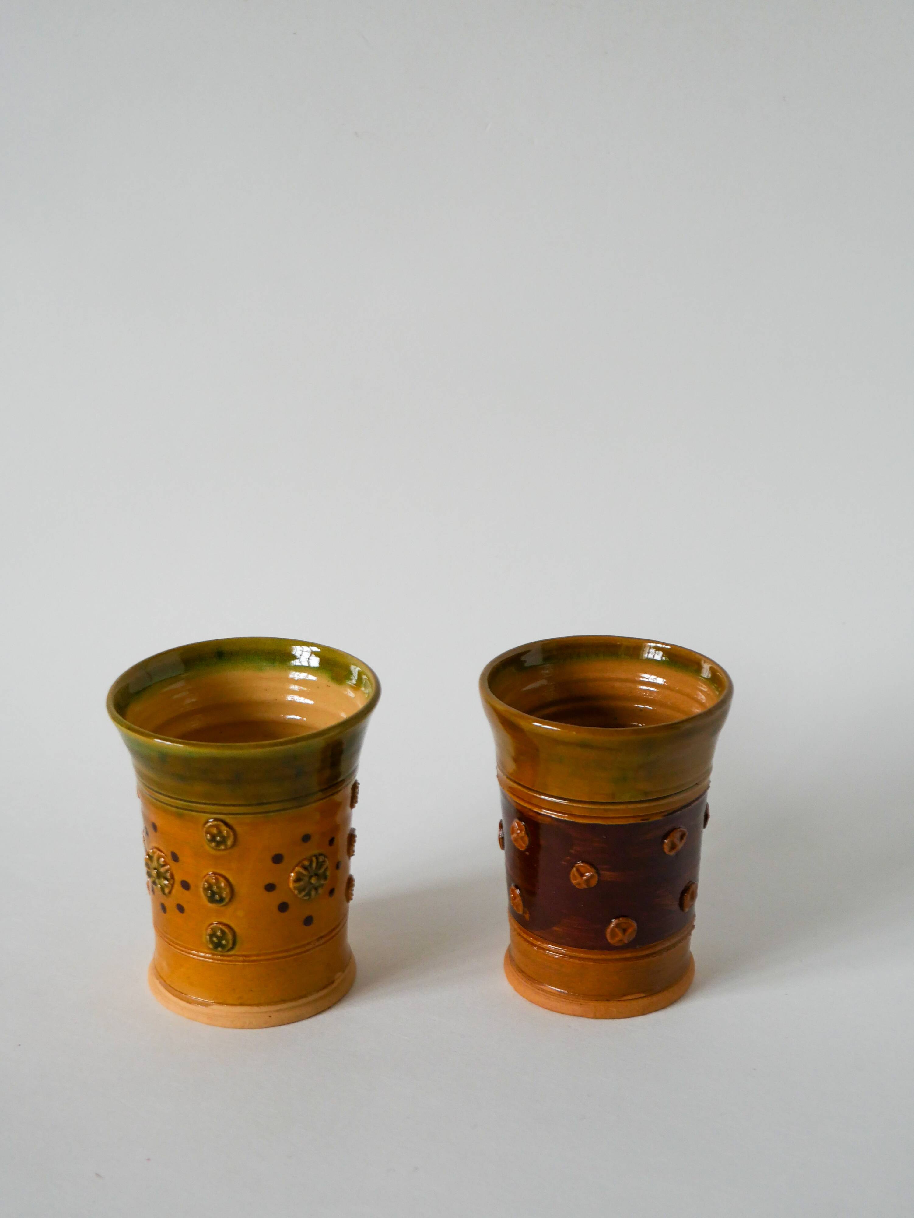 Pair of yellow and green ceramic/pottery cups, vintage, 1970