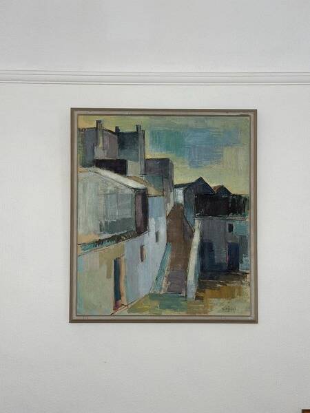 Original Swedish mid-century oil on canvas – “City” by Gustaf Höglund – vintage & framed – 80 × 70 cm