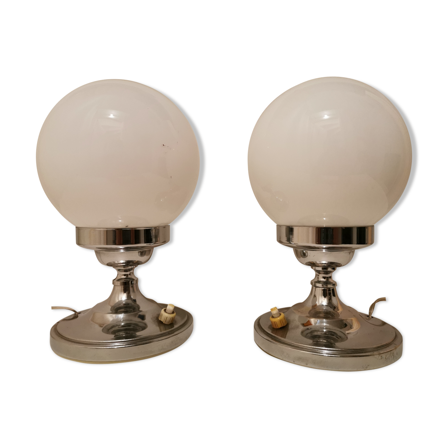 Pair of vintage chrome and opaline bedside lamps from the 1960s