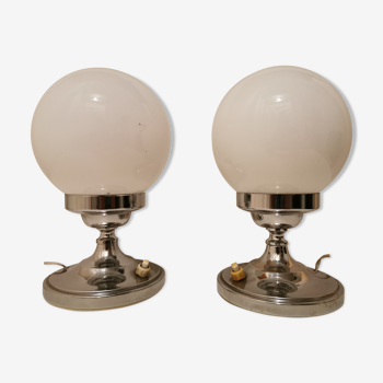 Pair of vintage chrome and opaline bedside lamps from the 1960s