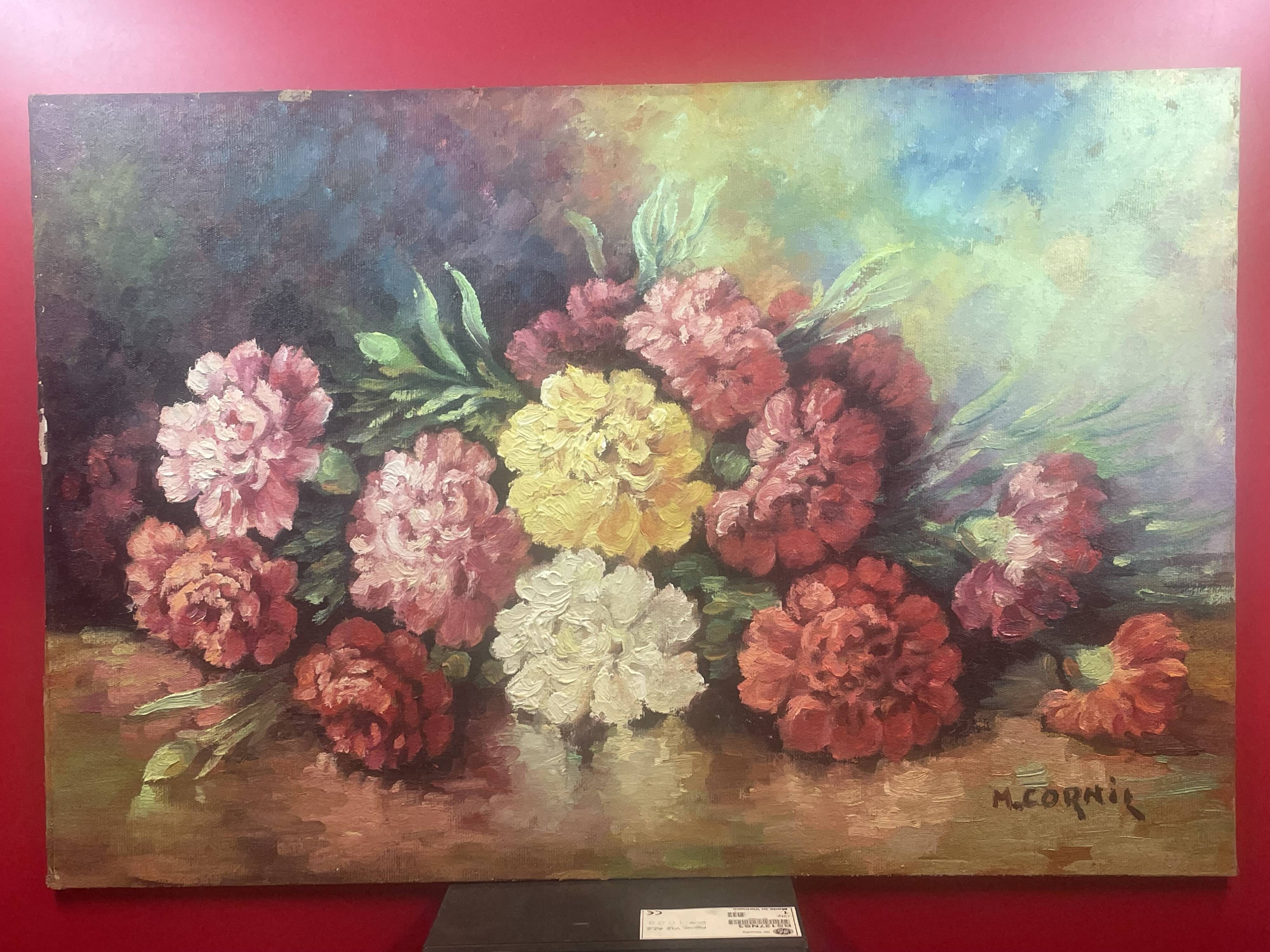 Bouquet of flowers on table oil on isorel panel signed M. Cornil