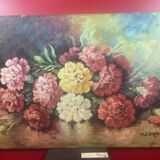 Bouquet fleurs sur table huile sur panneau isorel signe M. Cornil