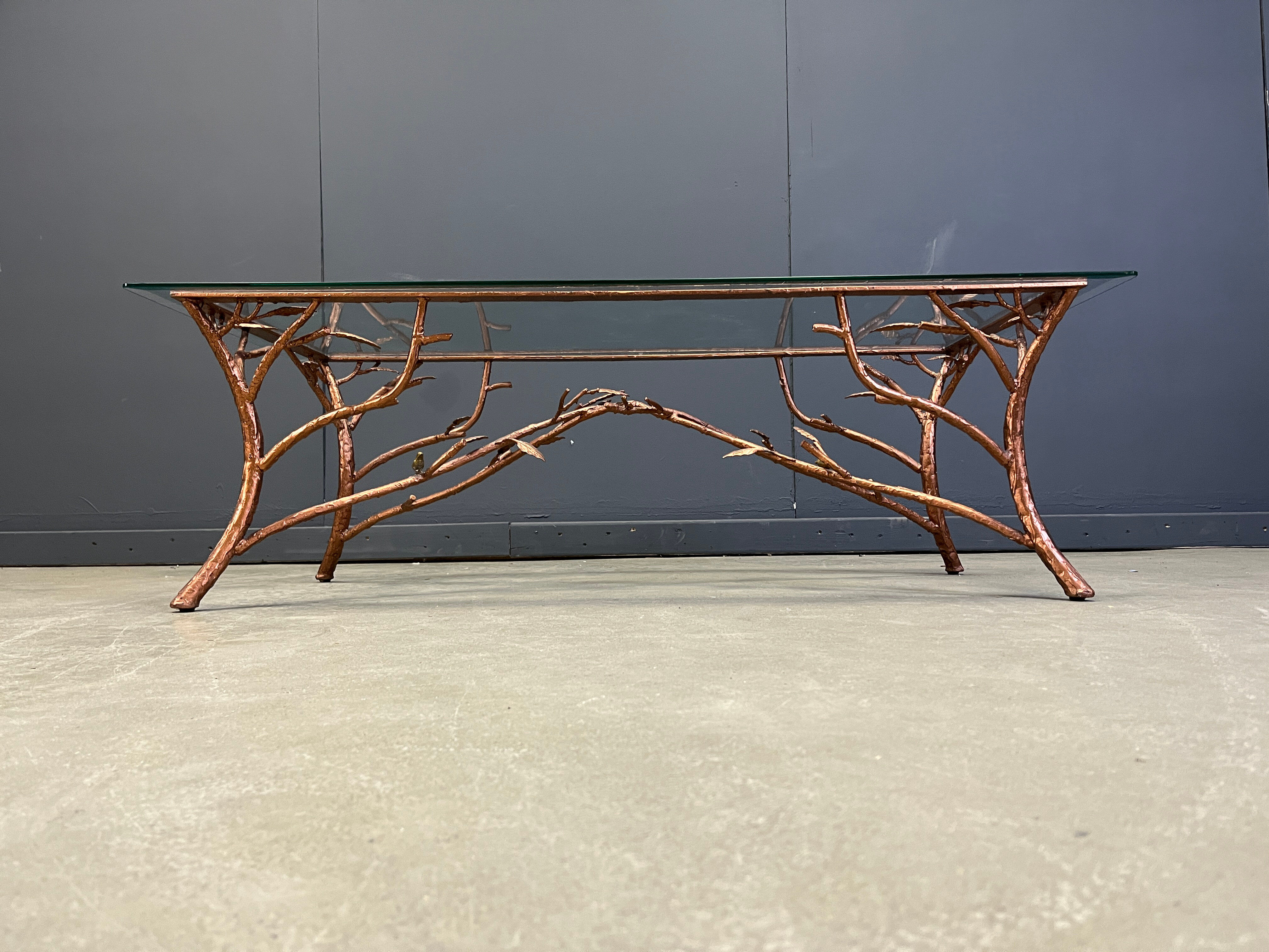 Vintage hand crafted wrought iron tree branches cocktail table, 1970s
