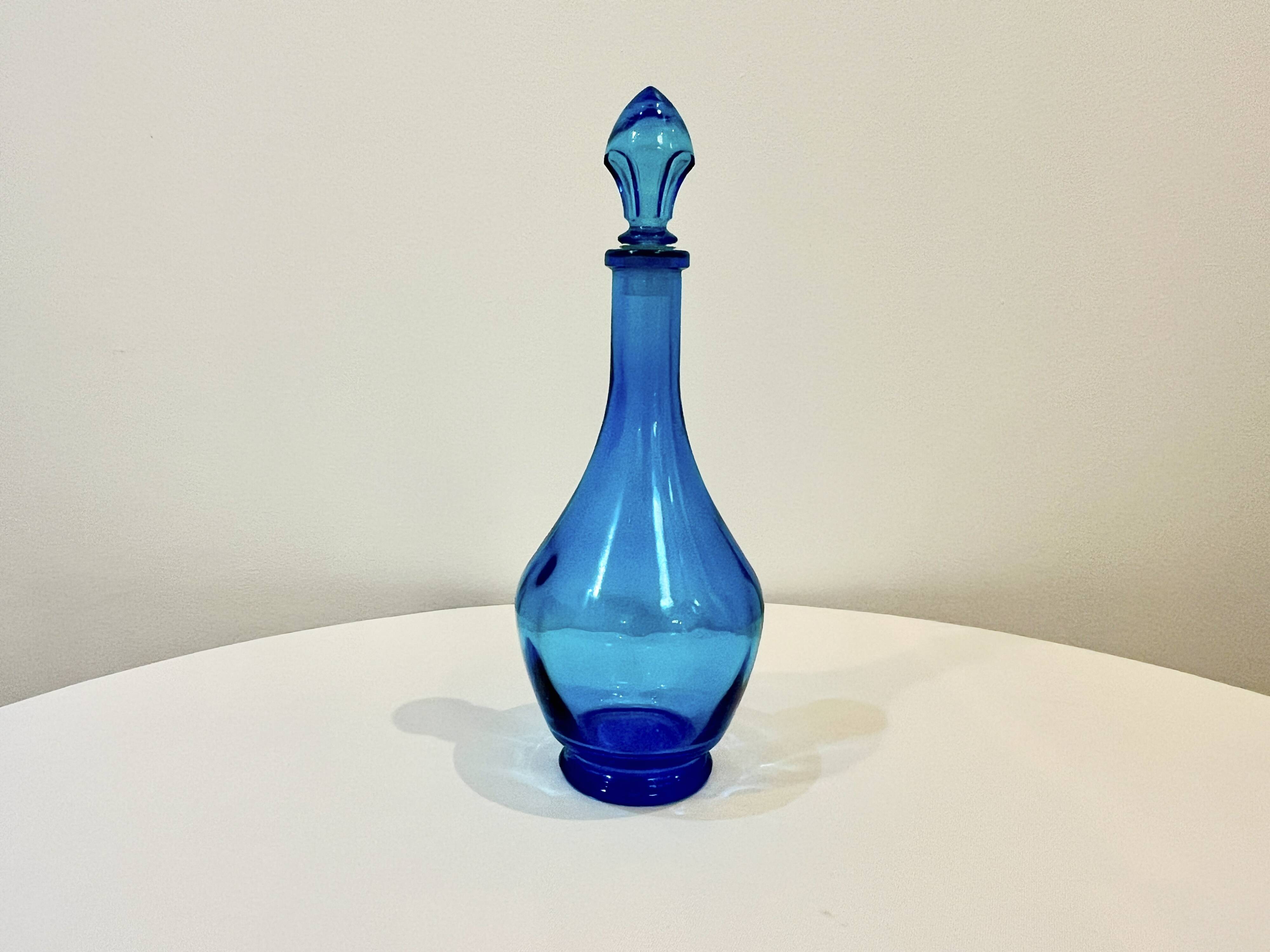 Vintage blue glass bottle Carafe with stopper Made in Belgium