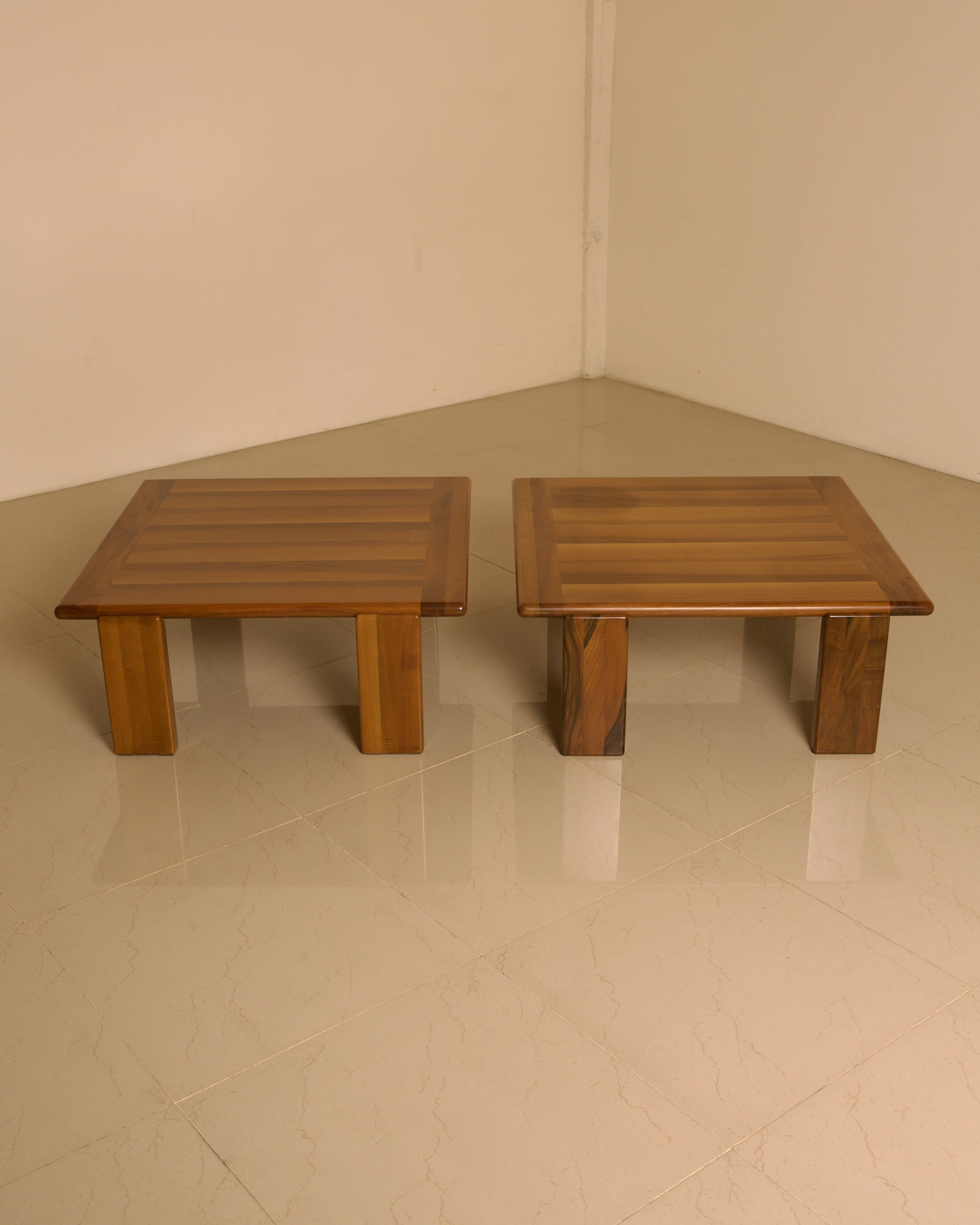 Pair of walnut coffee tables by Mario Marenco for Mobil Girgi 70's