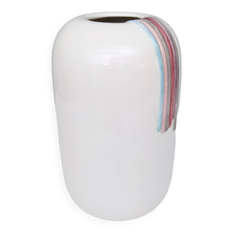 Postmodern White Ceramic Vase by Ambrogio Pozzi with Hand Painted Details, Italy