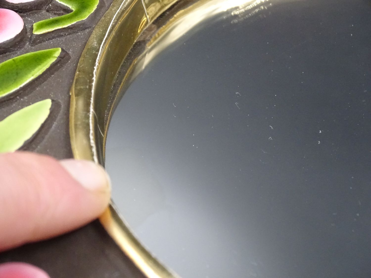 Small round mirror in earthenware- Cherry enamelled decoration - circa 1970