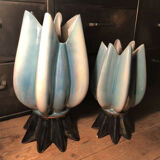 Pair of vases in iridescent ceramic shape flower