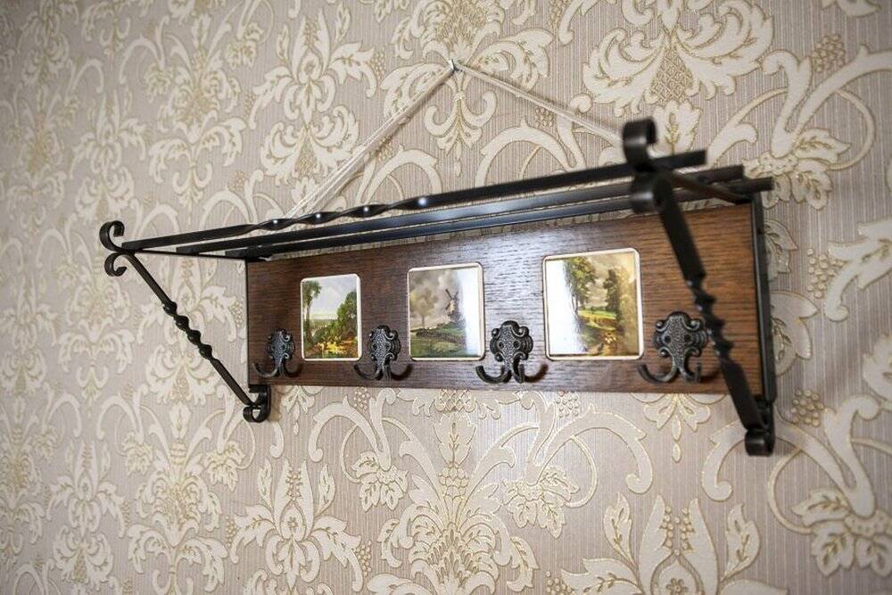 Early 20th Century Dutch Oak Wall Coat Rack with Decorative Tiles, 1950s