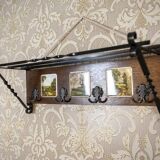 Early 20th Century Dutch Oak Wall Coat Rack with Decorative Tiles, 1950s