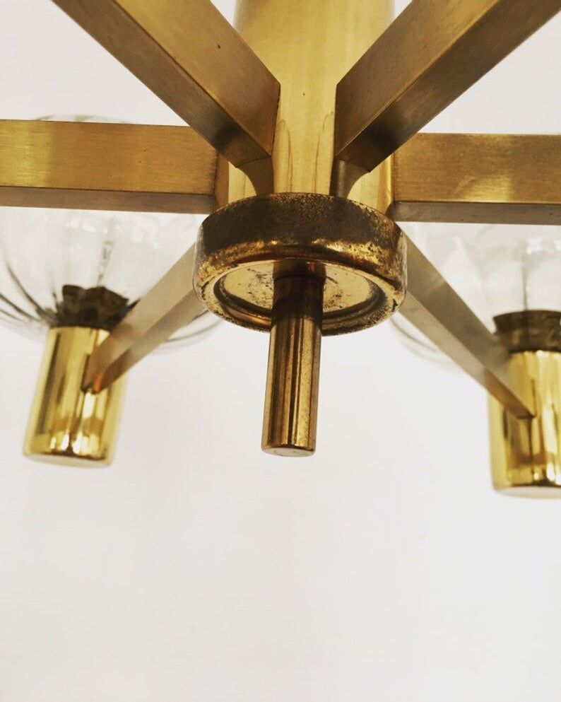 Mid Century Modern brass chandelier with smoked glass shades