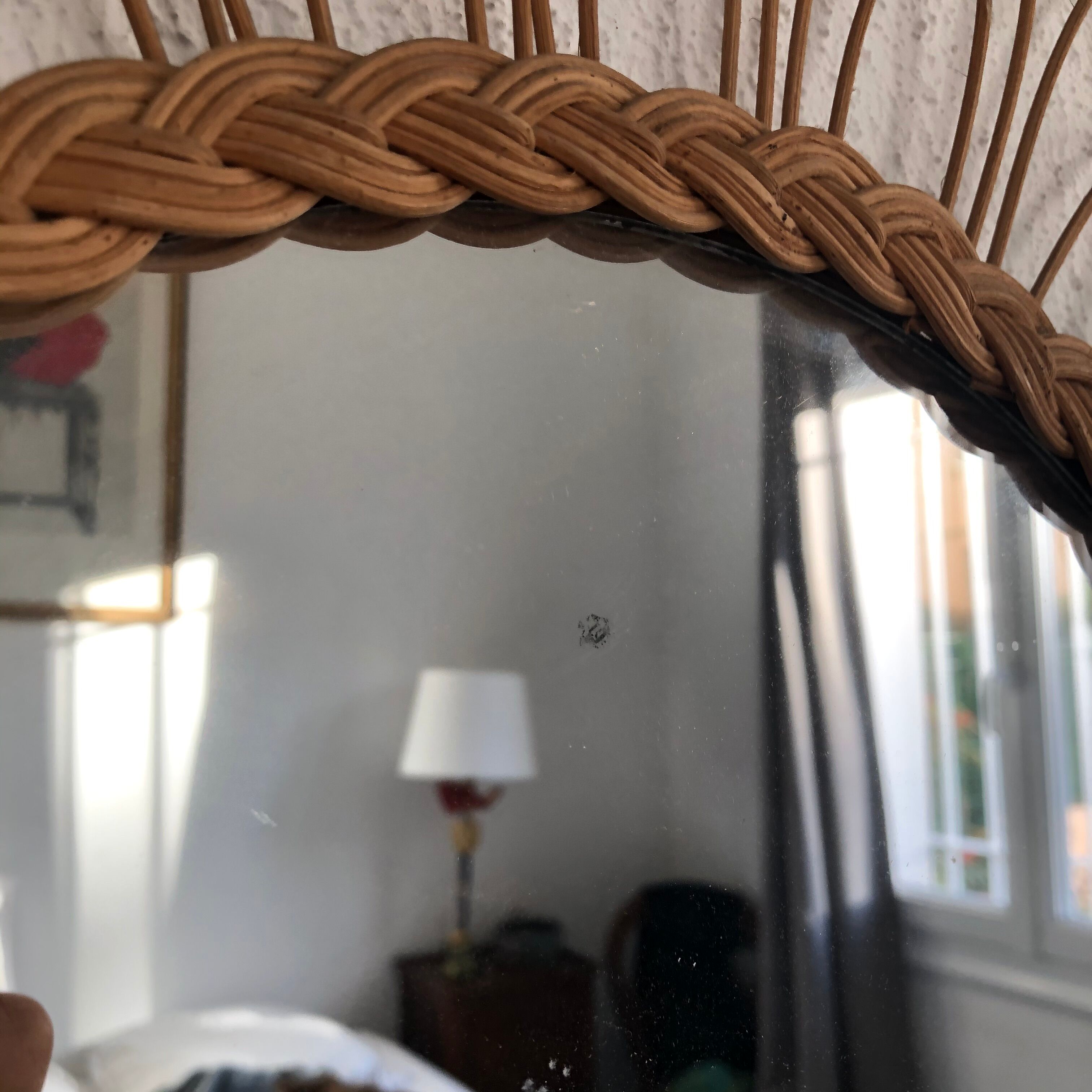 Large vintage 1960 mirror sun rattan flower - 67 cm