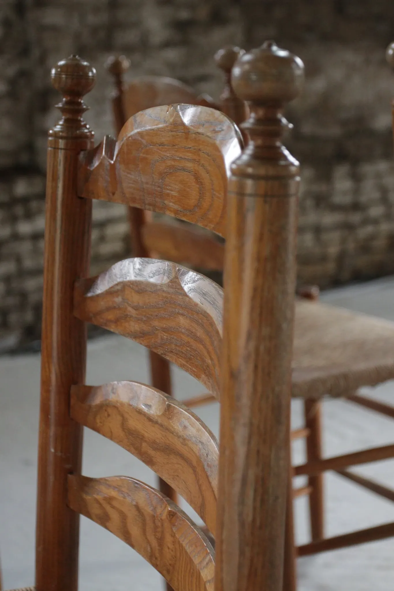 Set of 4 old Dutch oak ladderback chairs with rush seats – 1960s
