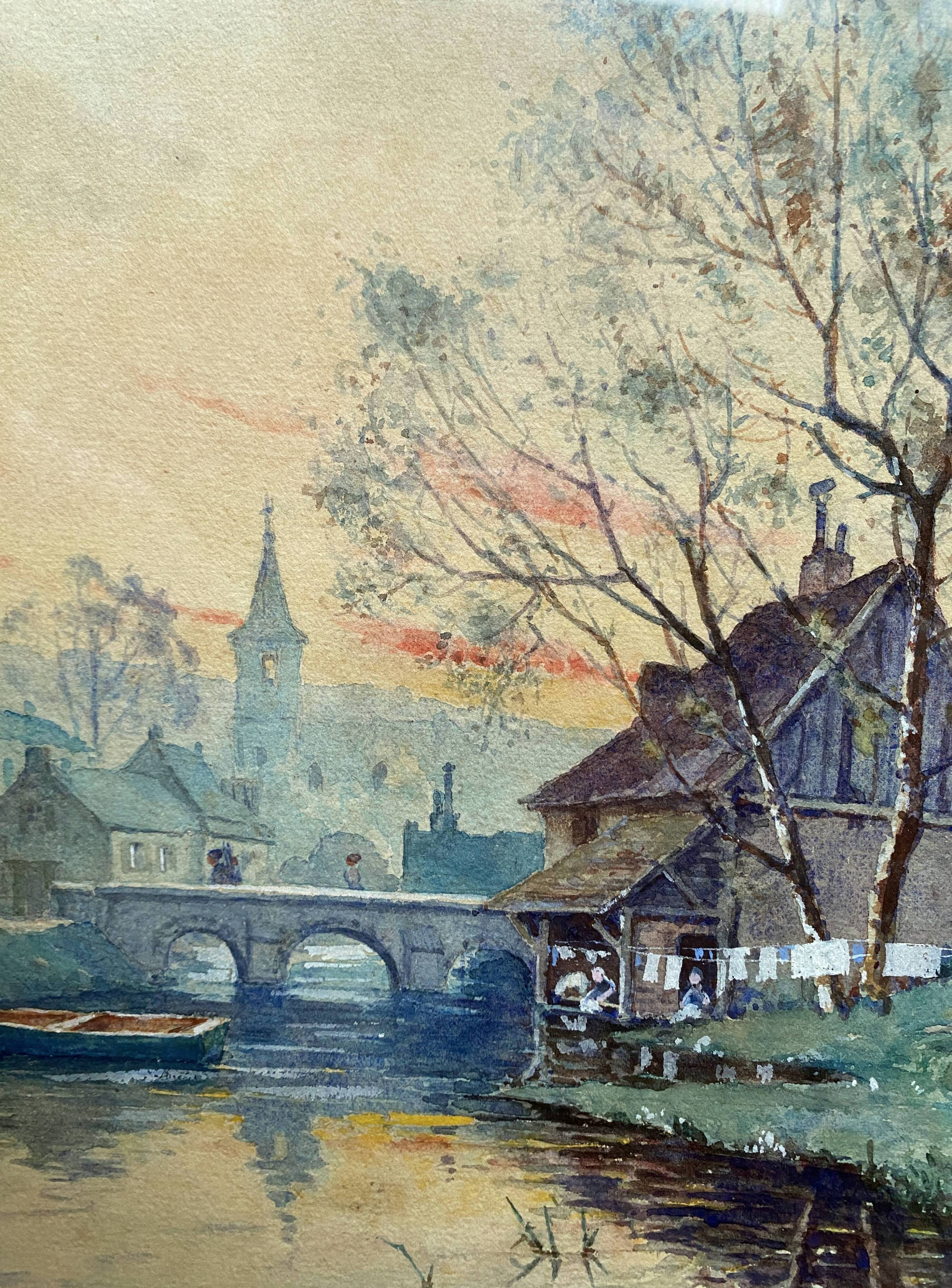 Watercolor Painting "Landscape at the River at Dusk" early 20th century