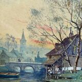 Watercolor Painting "Landscape at the River at Dusk" early 20th century
