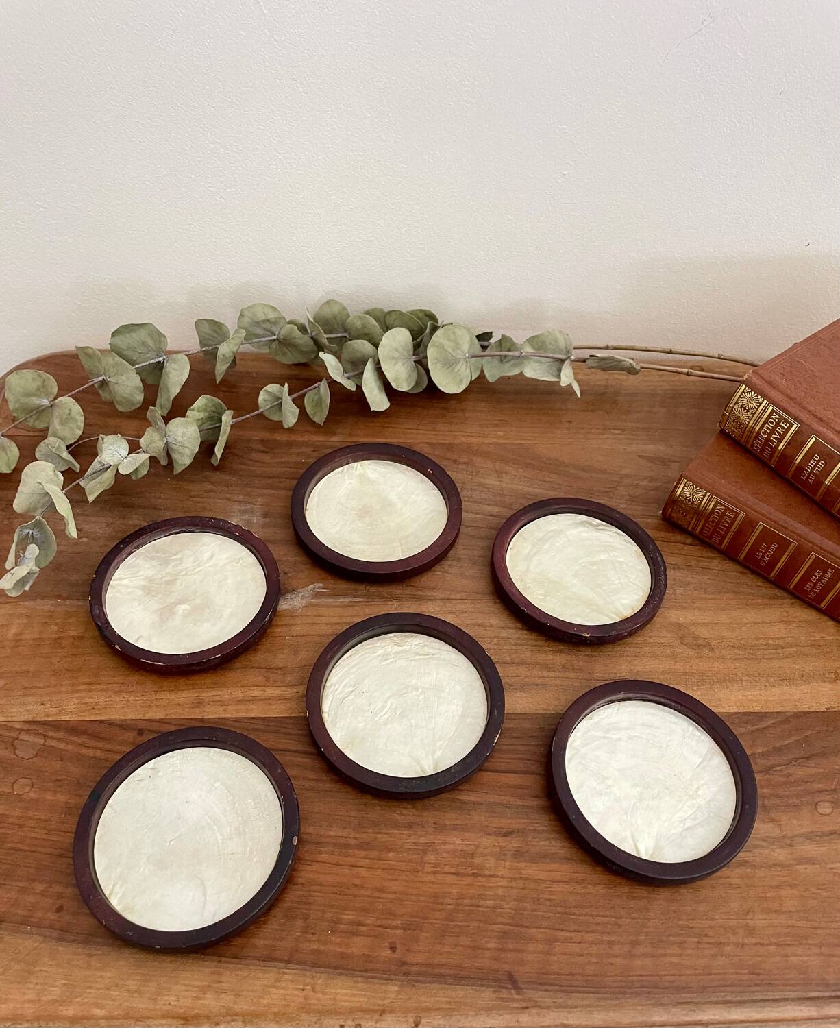Set of 6 vintage mother-of-pearl wooden coasters
