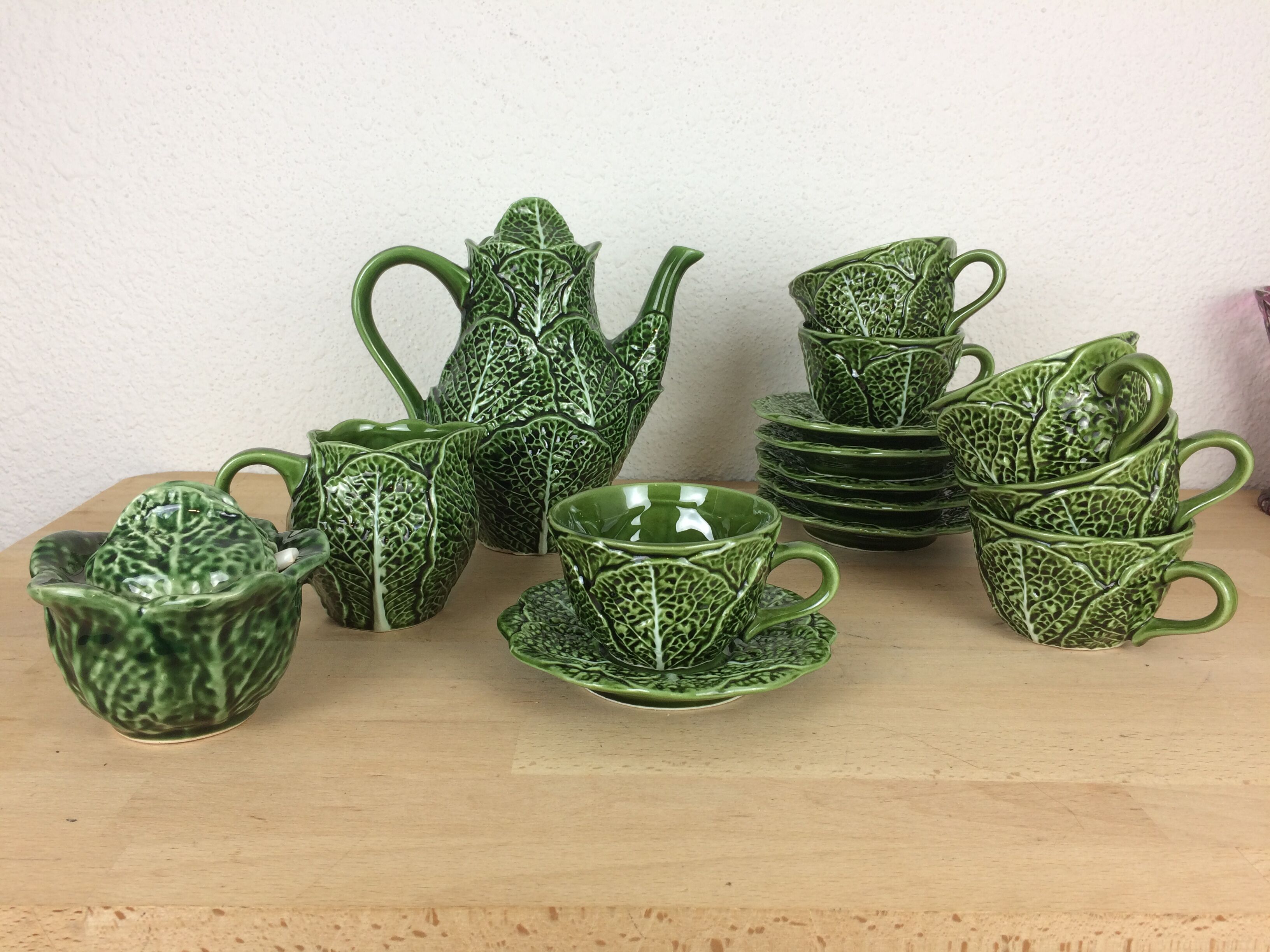 Ceramic cabbage tea set, 6 cups, teapot