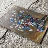 Oil on old panel, still life signed