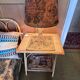 Rattan and bamboo lamp with printed fabric shade.