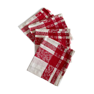 4 towels damask fabrics red and white.vintage