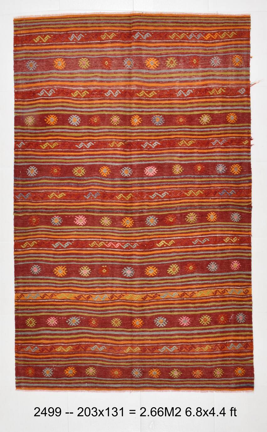 4x7 Red Orange Striped Handmade Wool Kilim Rug
