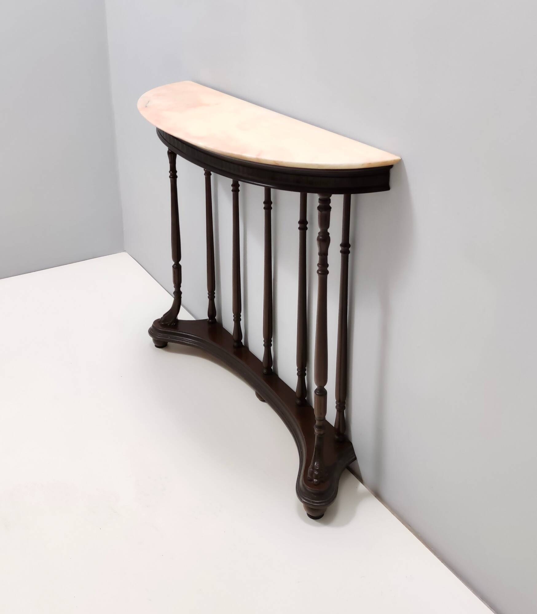 Neoclassical Style Turned Beech Console Table with a Demilune Marble Top, Italy